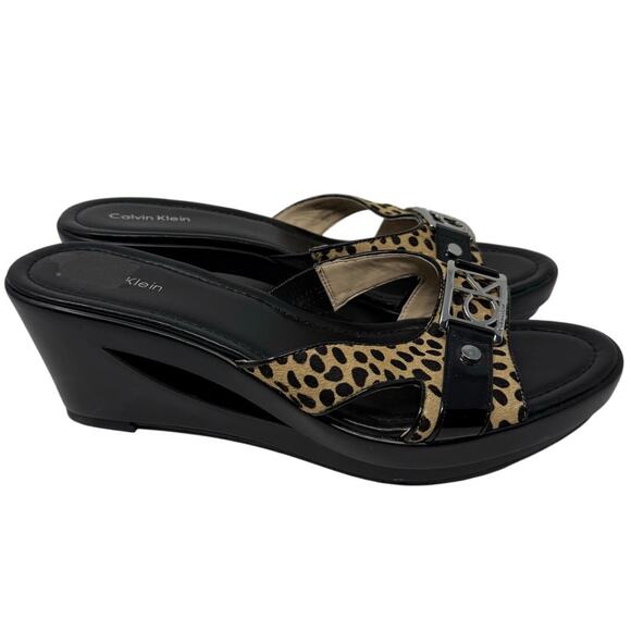 Calvin Klein Rebah Wedge Sandals Women’s 9.5 Leopard Print Open Toe - Picture 2 of 8